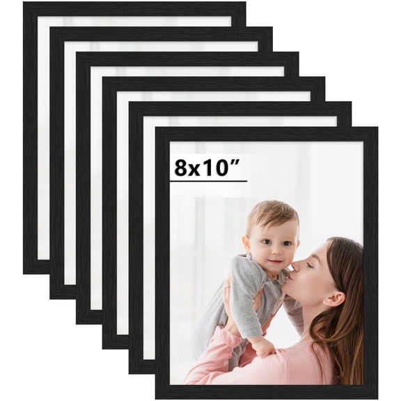 8x10 Picture Frame Set Of 6  Black Frames With Hd Plexiglass Wall Gallery Photo For Mounting Or Tabletop Display Woodgrain