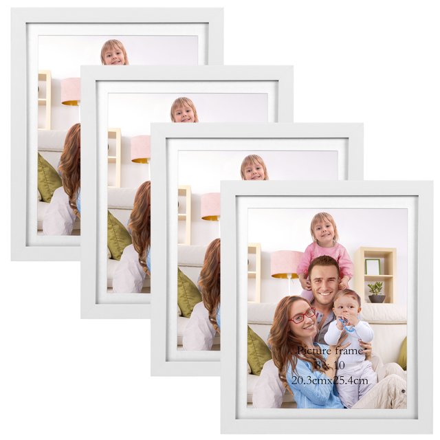 8x10 White WoodGrain Picture Frame Set of 4, with Mat for Wall Mount