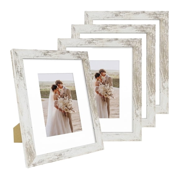 8x10 Picture Frame Set of 4, Distressed White Wooden Frames with Real Glass, Wall and Tabletop Display