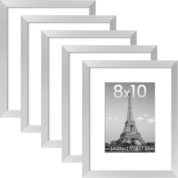 8x10 Picture Frame Set of 5, Display Pictures 5x7 with Mat or 8 x 10 Withou, Wall Gallery Photo Frames, Silver