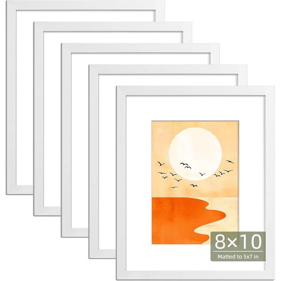 8x10 Picture Frame Set of 5, Tabletop & Wall Display Pictures 5x7 with Mat or 8x10 Without Mat, Multi Gallery Photo Frames Collage (White)