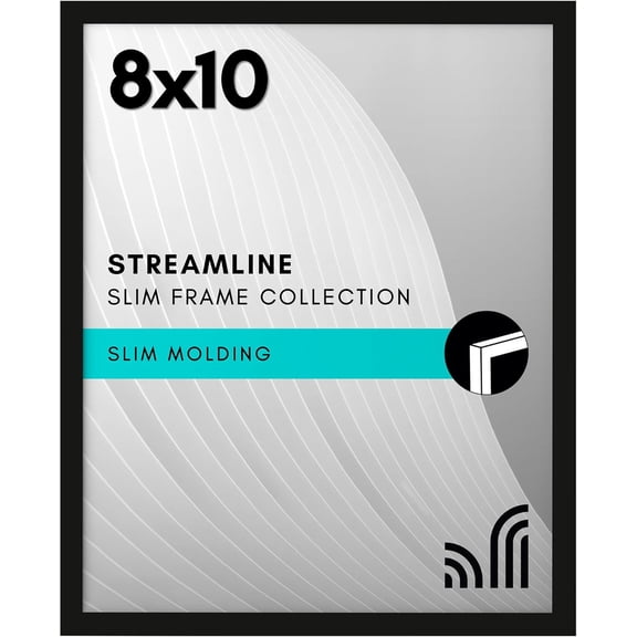 8x10 Picture Frame with Shatter-Resistant Glass - Streamline Collection - Thin Border Photo Frame for Tabletop and Wall Display - Hanging Hardware and Easel Stand Included - Black