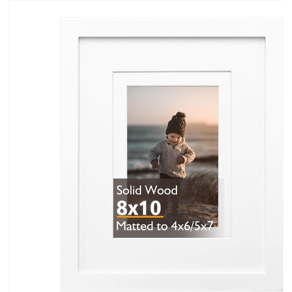 8x10 Picture Frame White, Solid Wood Frame with Acrylic Plexiglass for Picture 4x6/5x7 with Mat or 8x10 without Mat, Tabletop and Wall Display Photo Frame 1 Pack