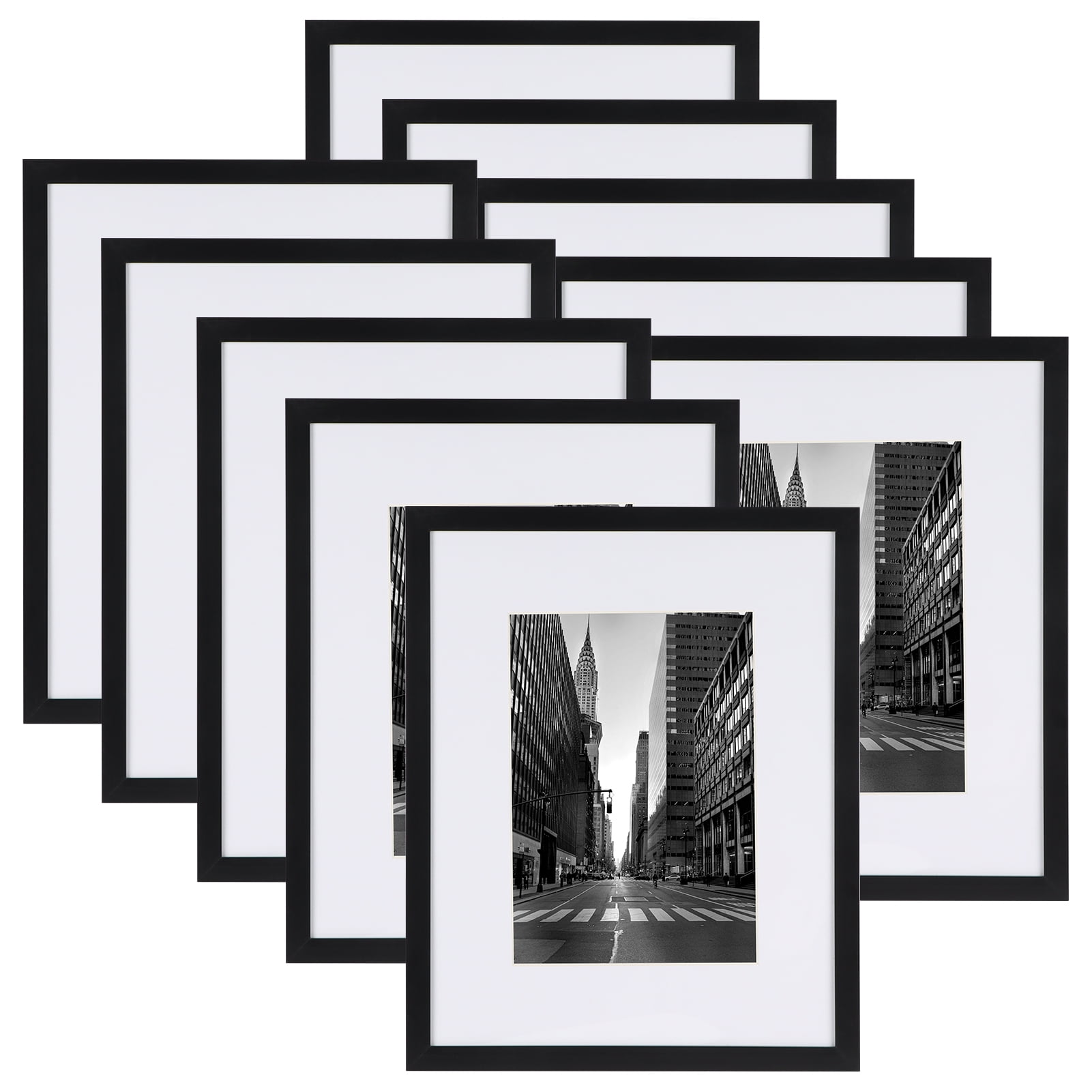 Set of 10 Black 8x10 Picture Frames for Wall and Tabletop Display, 5x7 Photo Frames with Mat