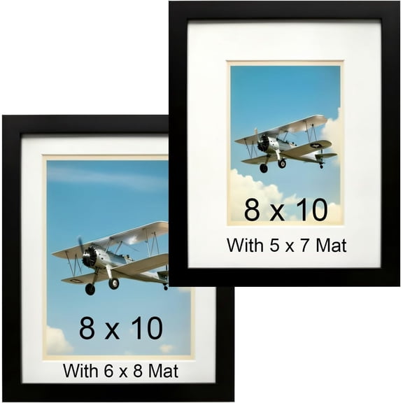 8x10 Picture Frames Set of 2 - Black MDF Wood Frames with Plexiglass and Matting for 5x7 & 6x8 Photos - Wall Mount & Tabletop Display for Family, Wedding, Travel, Office