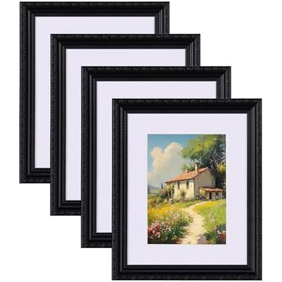 8x10 Picture Frames Set of 4, Vintage Photo Frame with Glass Cover, Black Frames 8 x 10 Display 5x7 Photo with Mat or 8x10 without Mat for Tabletop or Wall Decor, Black