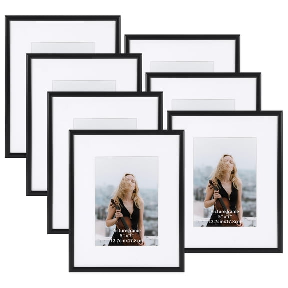 8x10 Picture Frames Set of 7, Display Pictures 5x7 with Mat or 8x10 Without Mat, Rustic Distressed Wall Hanging Table Desk Family Gallery Multi Photo Frame, Black