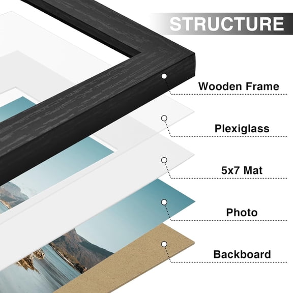 MY 8x10 Picture Frames Set of 9, Shatter Resistant Plexiglass, Display 5x7 Pictures with Mat or 8x10 without Mat, Photo Frames for Wall or Tabletop, Engineered Wood, Black