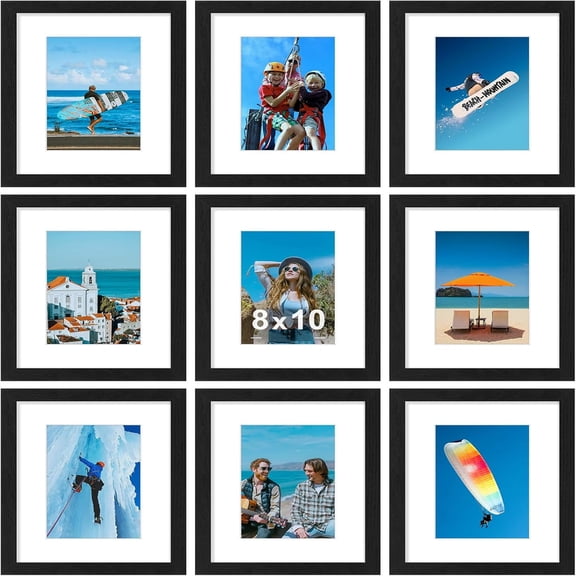 8x10 Picture Frames Set of 9, Shatter Resistant Plexiglass, Display 5x7 Pictures with Mat or 8x10 without Mat, Photo Frames for Wall or Tabletop, Engineered Wood, Black