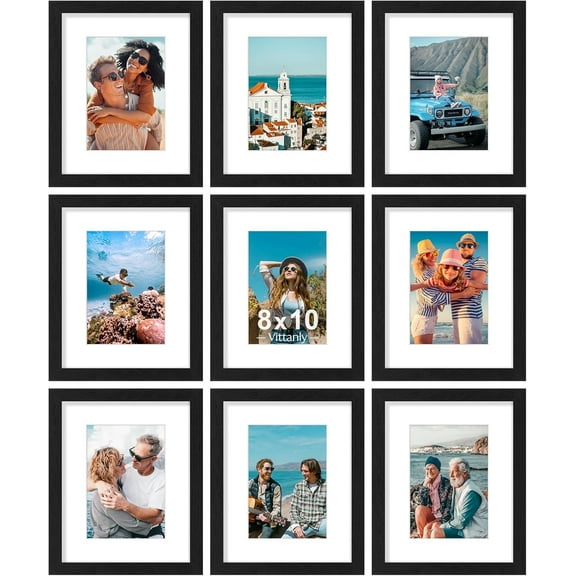 8x10 Picture Frames Set of 9, Shatter Resistant Plexiglass, Display 5x7 Pictures with Mat or 8x10 without Mat, Photo Frames for Wall or Tabletop, Engineered Wood, Black