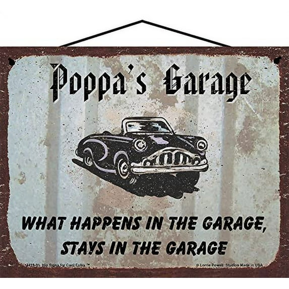 8x10 Poppa's Garage Sign with Classic Car What Happens in the Garage Stays in the Garage - Vintage Style Grandpa Home Décor, Father's Day Gift for Automotive Enthusiast Grandfathers