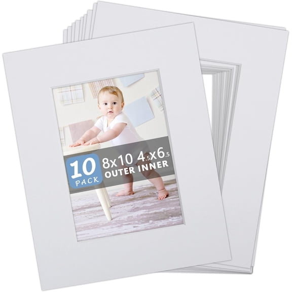 8x10 Precut Picture Mats,White 8x10 Picture Mats for 5x7 Photo with White Core Bevel Cut, Acid Free 5x7 Opening Mat for 8x10 Frame(10 Pack)