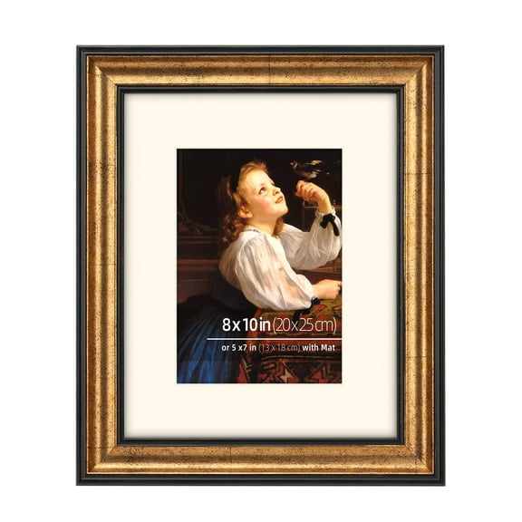 8x10 Real Wood Antique Gold with Dark Brown Trim Picture Frame - Easel Stand, Sawtooth Hanger - Landscape, Portrait Display, Matted for 5x7 Photos, Frinearts