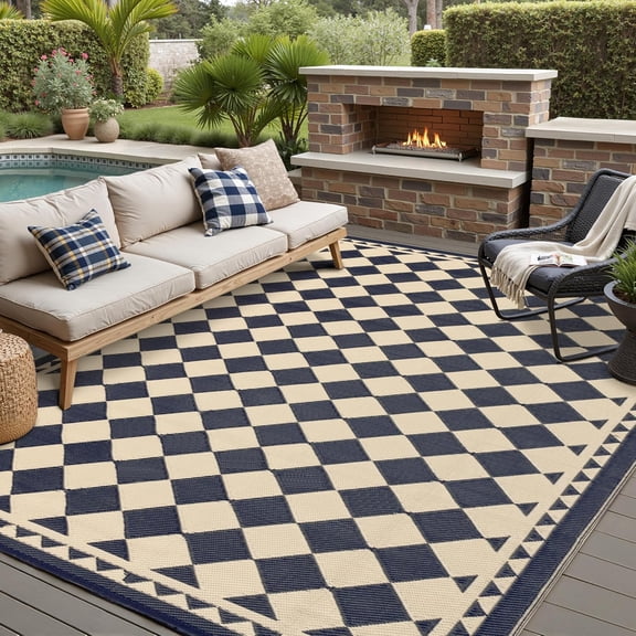 8x10 Reversible Plastic Straw Outdoor Rug, Black & Beige Checkered Waterproof Patio Mat, UV Fade Resistant Portable Large Carpet for RV Porch Deck Backyard Camping