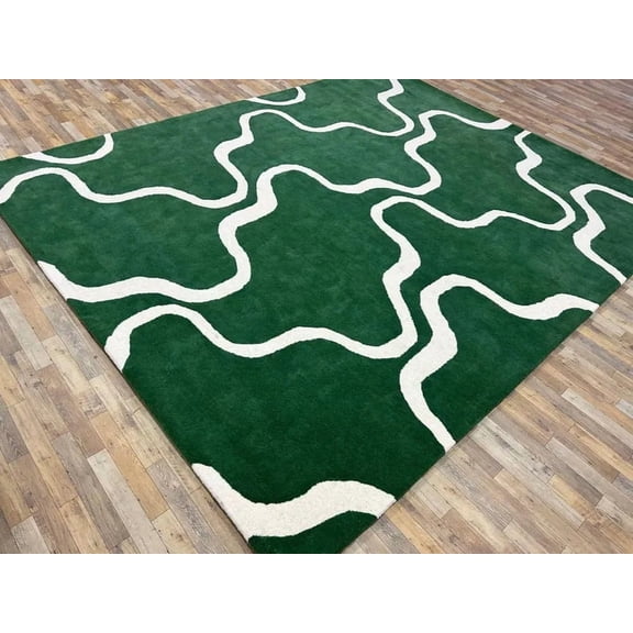8x10 Rug Green White Hand-Tufted Beautiful soft Quality Living Room Bedroom office Kitchen Rectangle Stripe Design thickness 14 mm