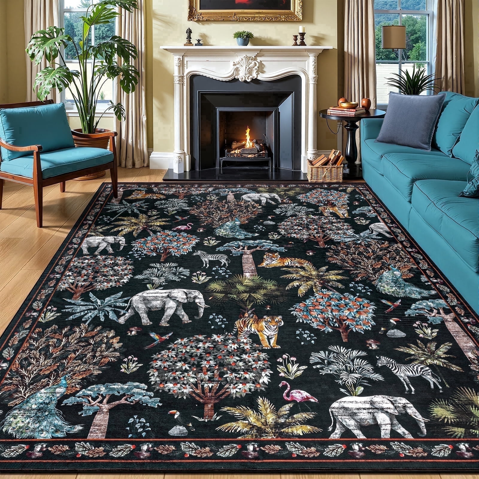 Outdoor Rugs 8x10, Yamaziot Tropical Patio Rug Area Rugs for Living Room Faux Jute Rug, Jungle Animal Print Bedroom Accent Carpet Indoor Outdoor Rugs