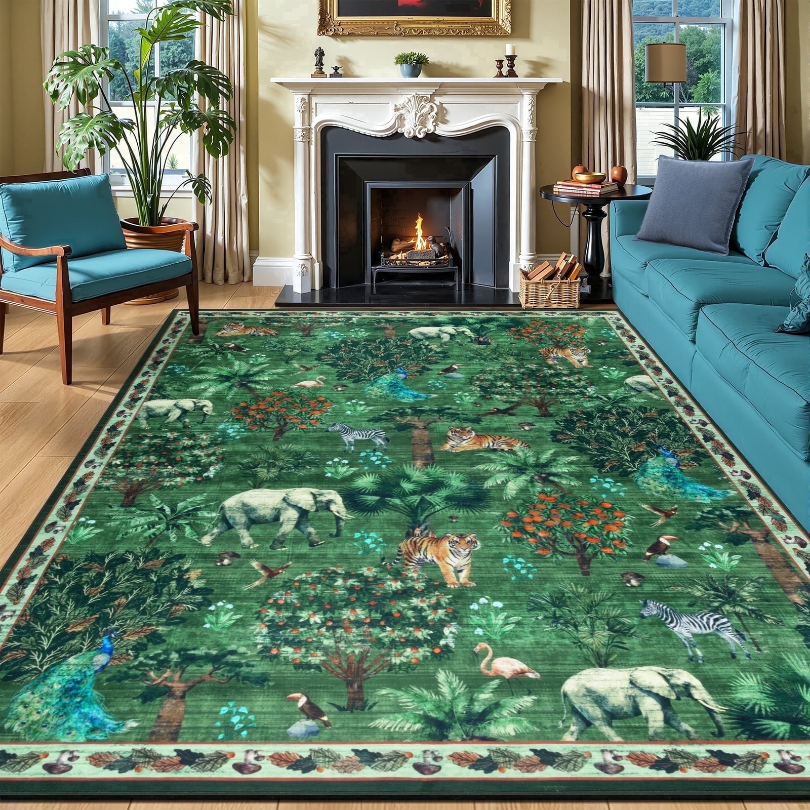 Outdoor Rugs 8x10, Yamaziot Tropical Patio Rug Area Rugs for Living Room Faux Jute Rug, Jungle Animal Print Bedroom Accent Carpet Indoor Outdoor Rugs