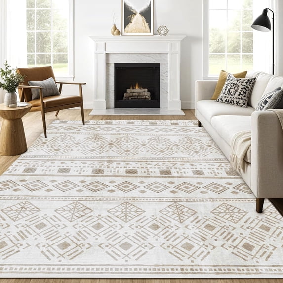 8x10 Rugs for Living Room Khaki, Washable Boho Area Rug Non-Slip, Ultra Soft Geometric Tribal Traditional Farmhouse Carpet for Dining Room Bedroom Dorm Office Home Decor
