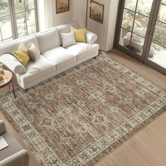 8x10 Rugs Soft Vintage Large Area Rugs Boho Farmhouse Low Pile Non-Slip Washable Indoor Carpet Rugs Dining Room Home (Orange 8'x10')