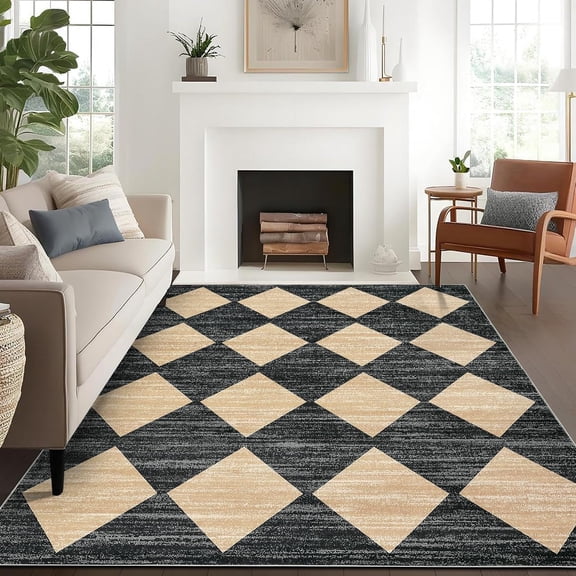 8x10 Rugs Washable Checkered Rug, Modern Neutral Living Room Rugs, Stain-Resistant Large Washable Plaid Carpet for Hardwood Floor Under Dining Table Bedroom Farmhouse Home Office,Beige/Black