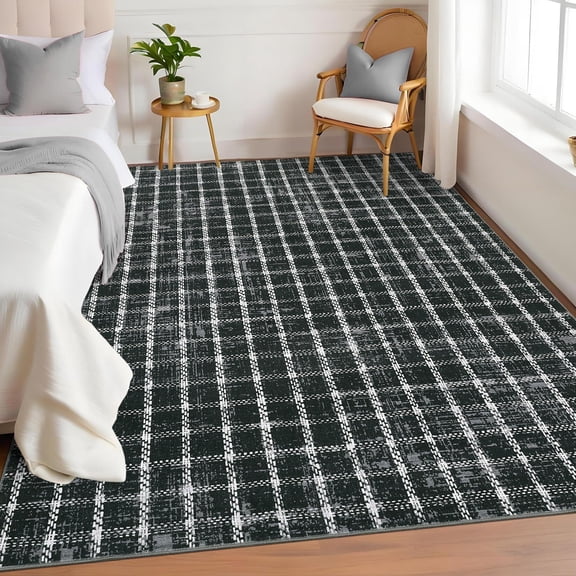 8x10 Runner Rug Washable Non Slip Kitchen Rugs Geometric Checkered Print Modern Throw Carpet for Home Office, Black