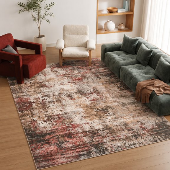 8x10 Rust Red Multi Washable Vintage Print Area Rug for Living Room