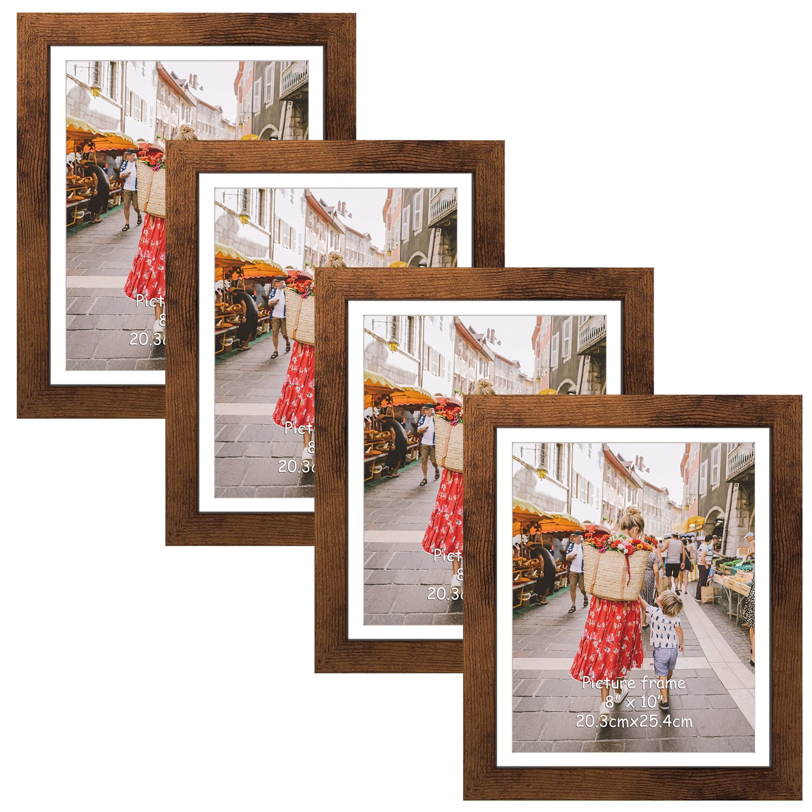 8x10 Rustic Brown Picture Frames Set of 4. 8x10 with Mat or 9x11 Without Mat, for WallMount and