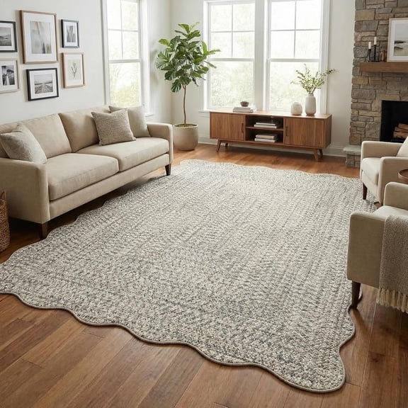 8x10 Scalloped Braided Print Farmhouse Area Rug, TPR Non Slip Washable Low Pile Popular Size Living Room Bedroom Carpet,Beige-gray