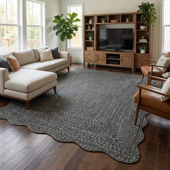 8x10 Scalloped Braided Print Farmhouse Area Rug, TPR Non Slip Washable Low Pile Popular Size Living Room Bedroom Carpet,Gray-brown