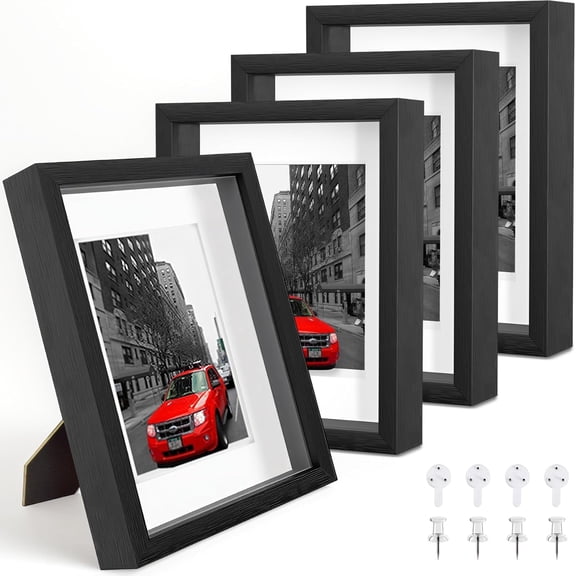 8x10 Shadow Box Picture Frames Set of 4, Wooden Display Cases with Linen Board, Use as 6x8 Frame with Mat or 8x10 Without Mat, 1.0" Interior Depth for Flowers Memorabilia Collectibles, Black