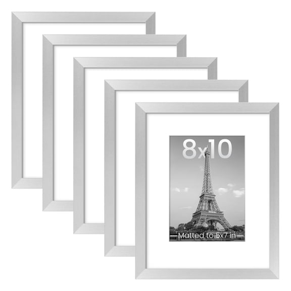8x10 Silver Picture Frame Set of 5, Display Pictures 5x7 with Mat or 8 x 10 Without, Wall Gallery Photo Frames