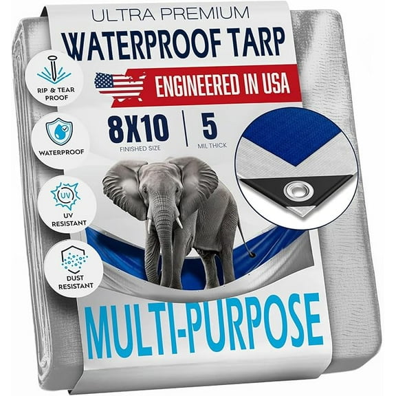 8x10 Tarp Waterproof Plastic Tarp with Grommets Every 18 Inches - 5 Mil - Multipurpose Water Proof Rain Cover, Outdoor, Garden, Camping, Emergency Survival (Reversible Tarpaulin, Blue and Silver)
