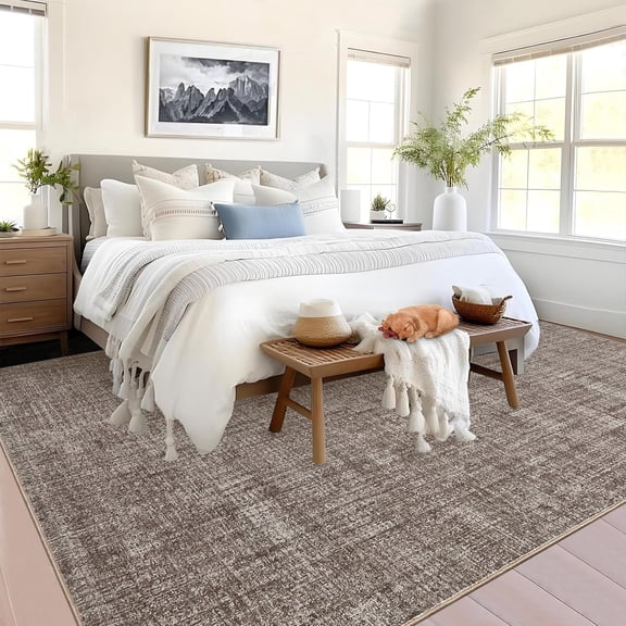 8x10 Textured Area Rug, Washable Low Pile Carpet with Non-Slip Backing, Non-Shedding Polyester Floor Rug for Living Room, Bedroom, Dining Room,brown