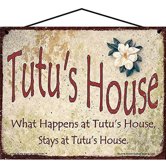 8x10 Tutu's House Sign with Magnolia Flower Hawaiian Word for Grandmother What Happens at Tutu's House Stays Vintage Style Decorative Household Family Home Décor Grandma Nickname Gift Signs