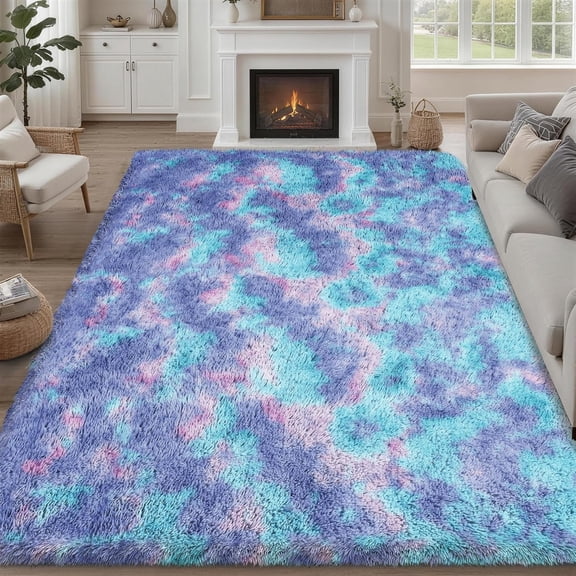 8x10 Ultra Soft Fluffy Shag Area Rug Non-Slip Non-Shedding Plush Carpet Rainbow Purple