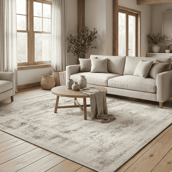 8x10 Vintage Area Rug, Machine Washable Non-Slip, Stain-Resistant Low-Pile Farmhouse Modern Rug for Living Room, Dining Room, Bedroom, Soft Low Pile Large Carpet -Brown