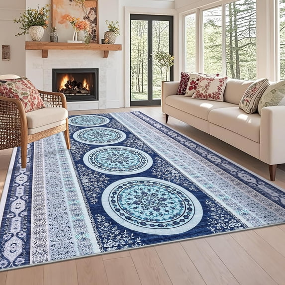 8x10 Vintage Boho Area Rug Washable Rugs With Non-Slip Backing Ultra-Thin Stain Resistant Throw Carpet Non Shedding Floor Cover For Living Room Bedroom Office Playroom,Blue