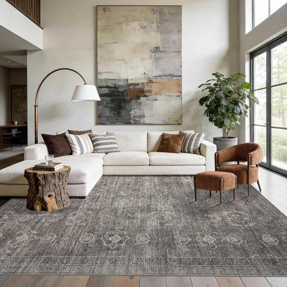 8x10 Vintage Boho Washable Area Rug, Low Pile Non Slip Stain Resistant Indoor Carpet, Neutral Taupe Grey Floor Mat for Living Room Bedroom Farmhouse Office