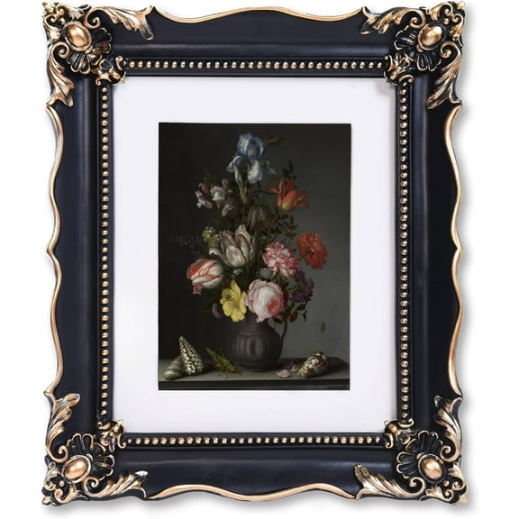 8x10 Vintage Picture Frame with Embossed Flower Design, Black Ornate Frame for 8x10 or 5x7 Pictures with White Mat, Hand-Crafted Resin Antique Frames for Tabletop & Wall Hanging, Home Decor (Black)