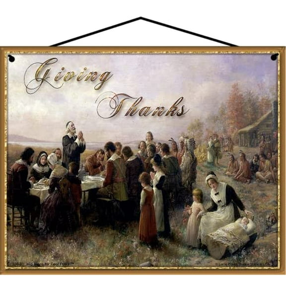 8x10 Vintage Style Sign Giving Thanks with Pilgrims First Thanksgiving, Nostalgic Autumn Holiday Wall Hanging Home Dcor
