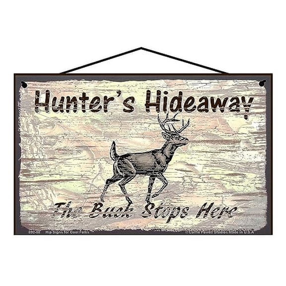 8x10 Vintage Style Sign - Hunter's Hideaway The Buck Stops Here - Hunting Themed Camo Camouflage Background with Deer, Elk - Father's Day Gift - Decorative Rustic Home Décor