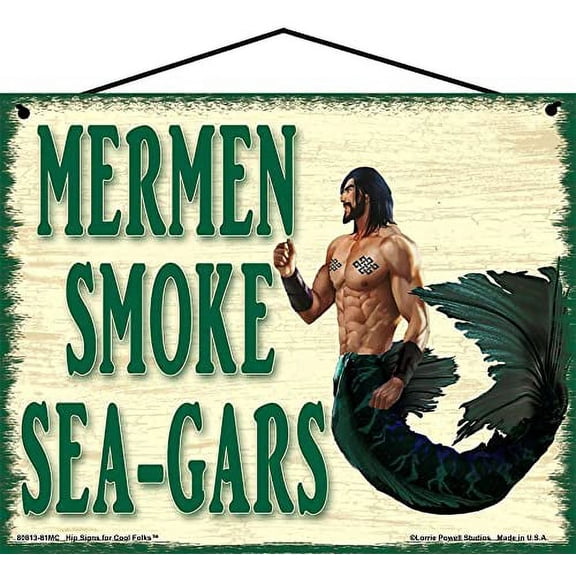 8x10 Vintage Style Sign Mermen Smoke Sea-Gars - Vintage Style Nautical Bathroom Home Decor, Buff Sexy Merman, Coastal Wall Art, Gift for Mermaid Lovers