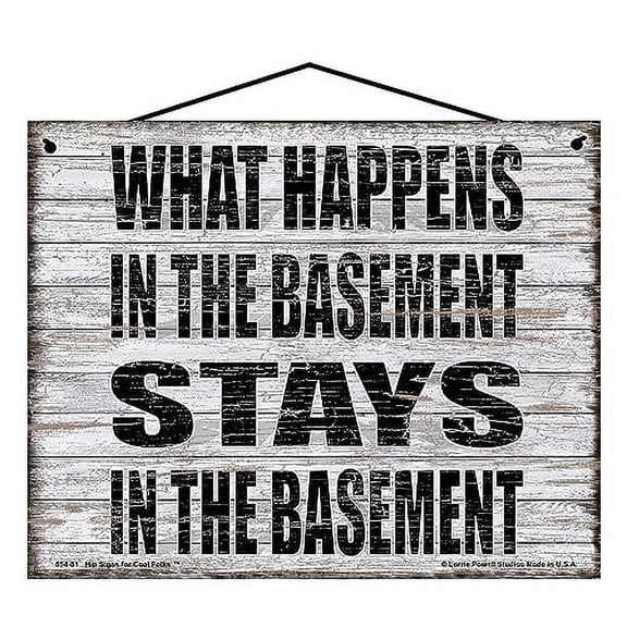 8x10 Vintage Style Sign Saying "What Happens in the Basement Stays in the Basement" - Comical Home Decor Wall Art for Game Rooms, Man Caves, or Dens