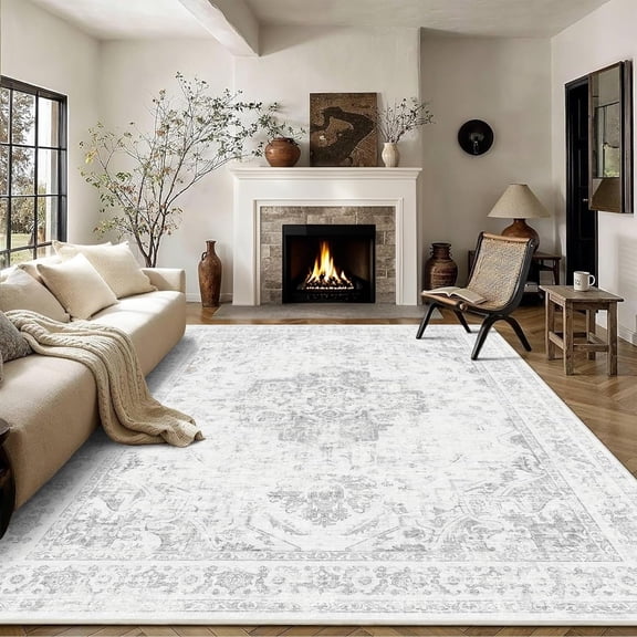 8x10 Vintage Washable Area Rugs Boho Medallion Large Distressed Retro Accent Carpet Floral Non-Slip Soft Low Pile Indoor Throw Rug for Living Room Bedroom Dining Room Office Kitchen, Gray