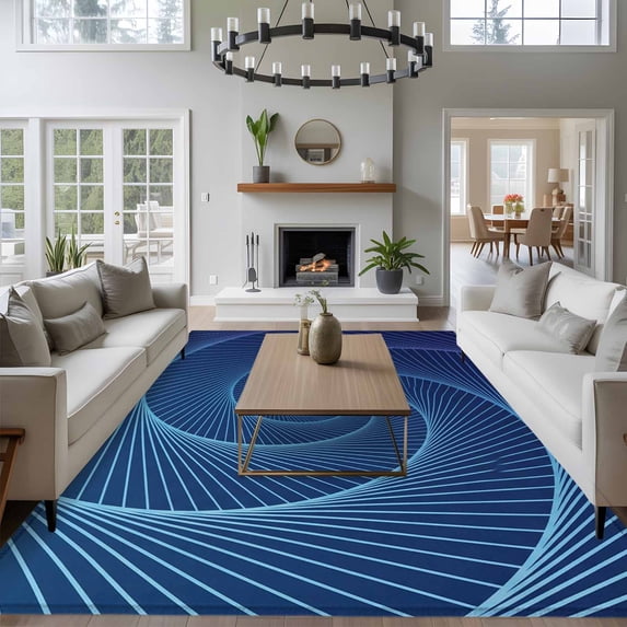 8x10 Washable Area Rug, Abstract Non-Slip Extra Large Rectangle Rug for Living Room Bedroom, Blue Stripe Geometric Swirling Shape Modern Art Indoor Floor Mat for Home Decor