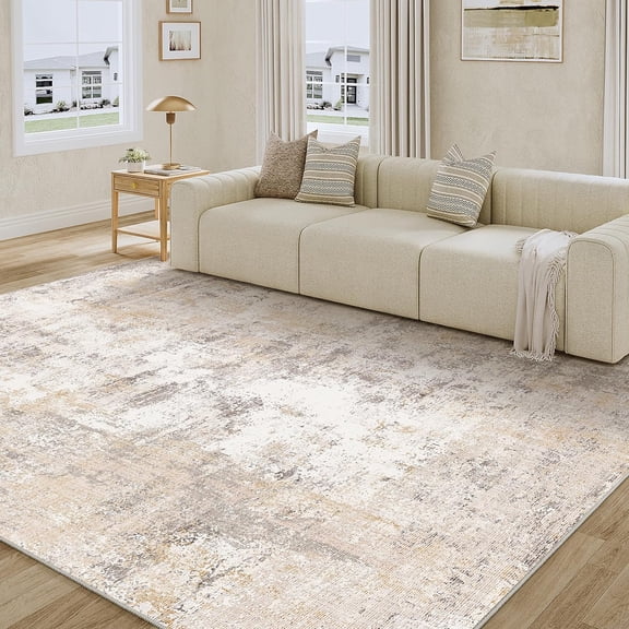 8x10 Washable Area Rug Beige Grey Abstract Living Room Bedroom Carpet Neutral Modern Non Slip Soft Low Pile Indoor Large Throw Rug for Dining Room Office