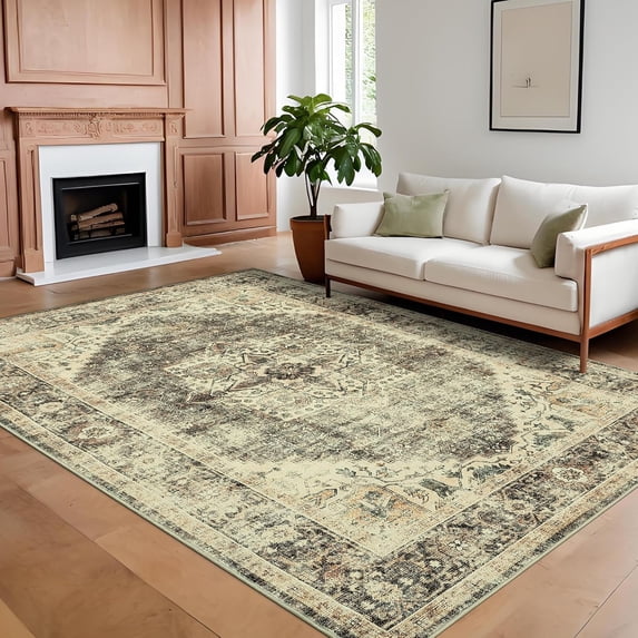 8x10 Washable Area Rug, Brown Vintage Large, Traditional Floor Cover, Thin, Retro, Indoor, Distressed, Non-Slip Carpet, Floral Print Mat, Dining Room