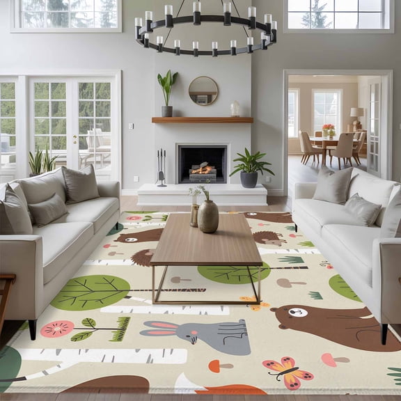 8x10 Washable Area Rug, Cartoon Animals Non-Slip Extra Large Rectangle Rug for Living Room Bedroom, Cute Cartoon Bear Fox Rabbit Hedgehog Animal Trees Grass Indoor Floor Mat for Home Decor