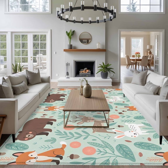 8x10 Washable Area Rug, Cartoon Animals Non-Slip Extra Large Rectangle Rug for Living Room Bedroom, Cute Foxes Rabbits Bears Flower Leaf Indoor Floor Mat for Home Decor