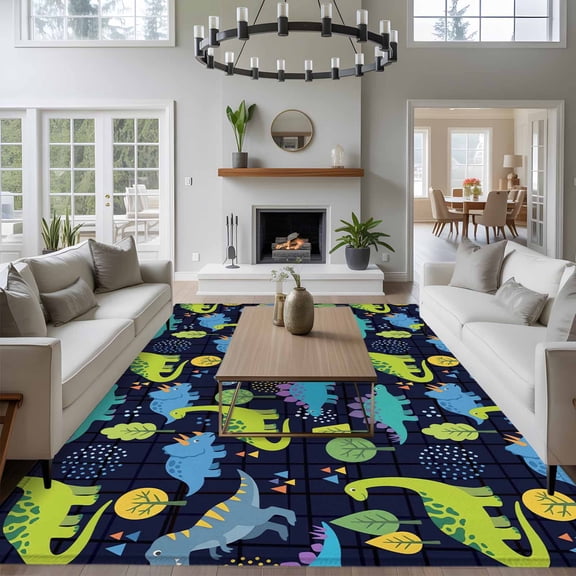 8x10 Washable Area Rug, Children's Day Non-Slip Extra Large Rectangle Rug for Living Room Bedroom, Cartoon Green Dinosaurs Geometric Tree Deep Blue Indoor Floor Mat for Home Decor
